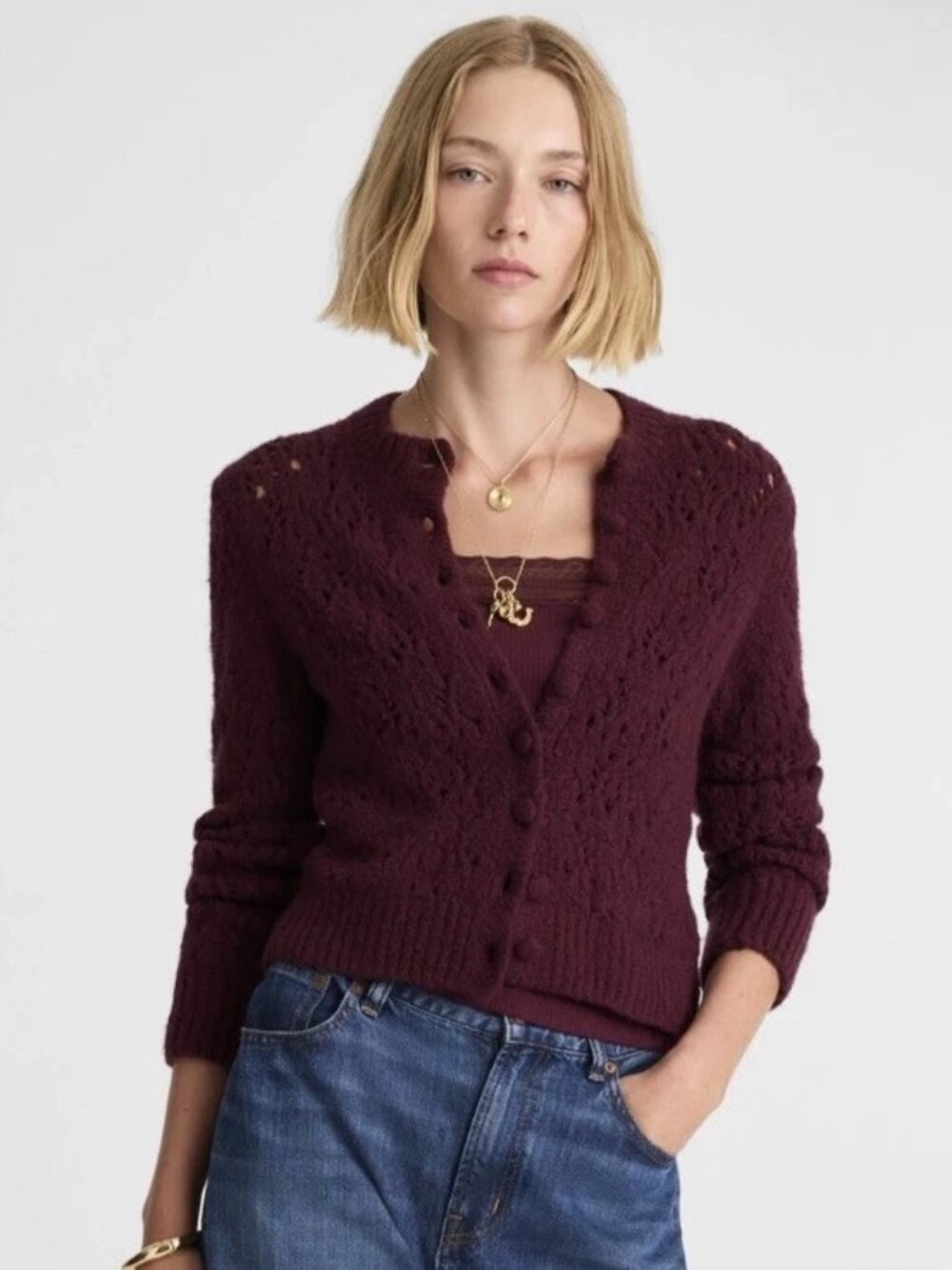 Madewell Dark Pomegranate Pointelle-Stitch Cozy Cotton/Wool Cardigan S NWT